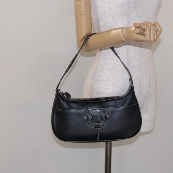 Salvatore Ferragamo Gancini Shoulder Bag Leather Black Silver Auth - Picture 1 of 16